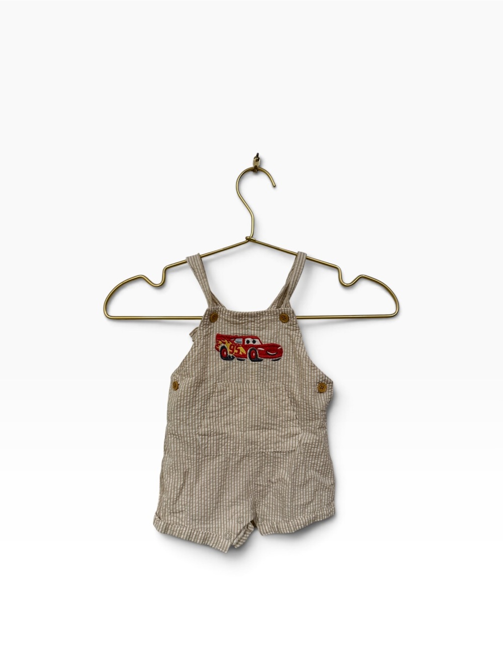 Disney Beige Seersucker Lightening McQueen Cars  Overalls 3-6 months